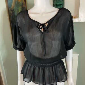 Voice Sheer Black Peasant Blouse Top Shirt Peplum Smocked Waist Keyhole Medium